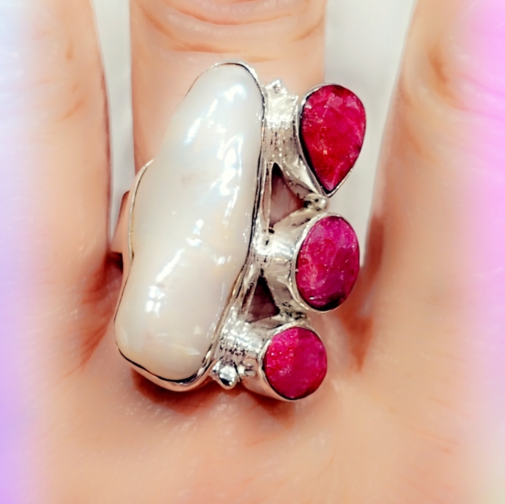 Pearl & Ruby Solid Sterling Silver 925 Gemstone Ring